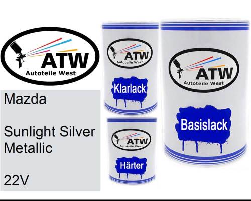Mazda, Sunlight Silver Metallic, 22V: 500ml Lackdose + 500ml Klarlack + 250ml Härter - Set, von ATW Autoteile West.